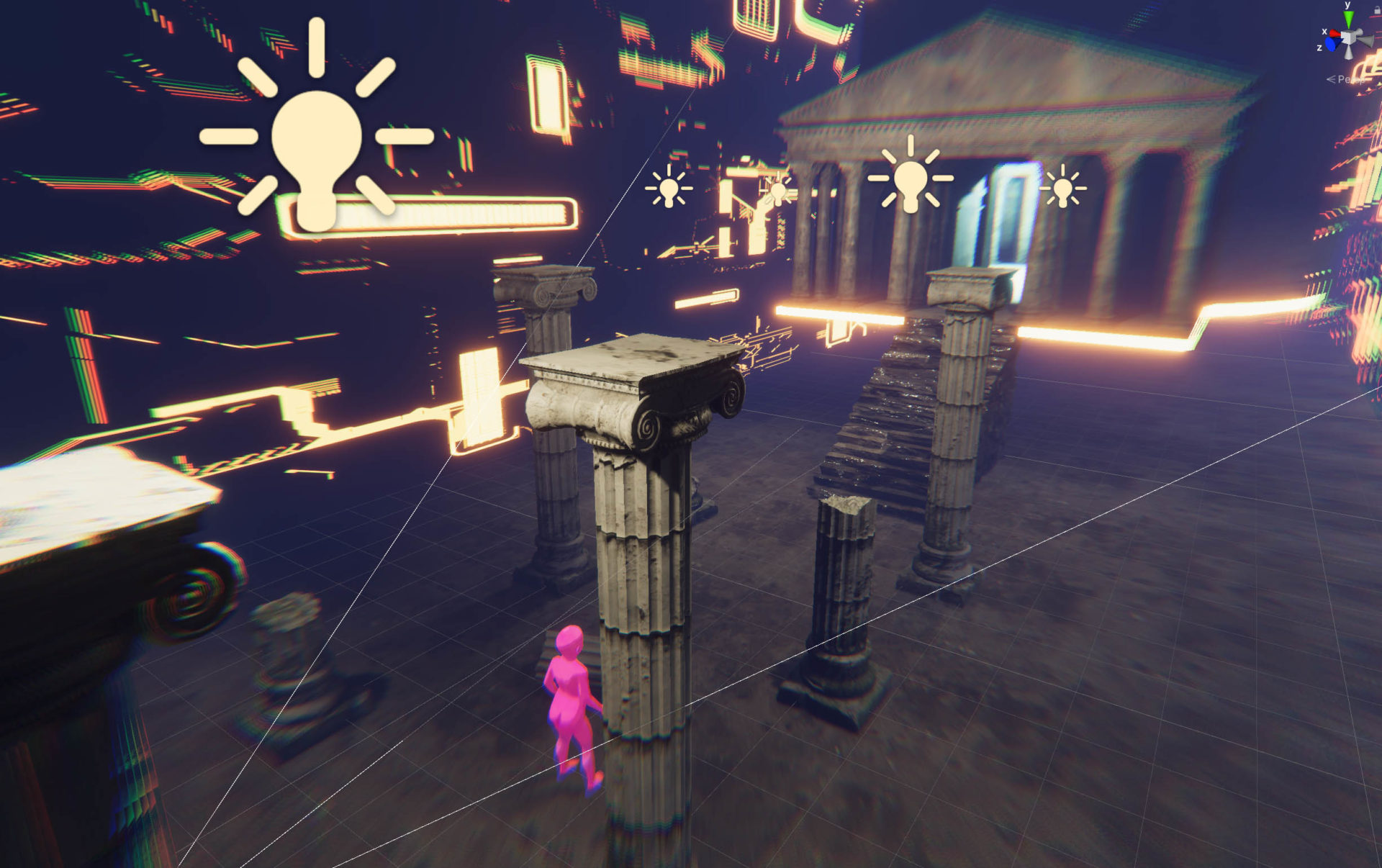 A 3D model of a pink child facing greek style columns and various digital ephemera.