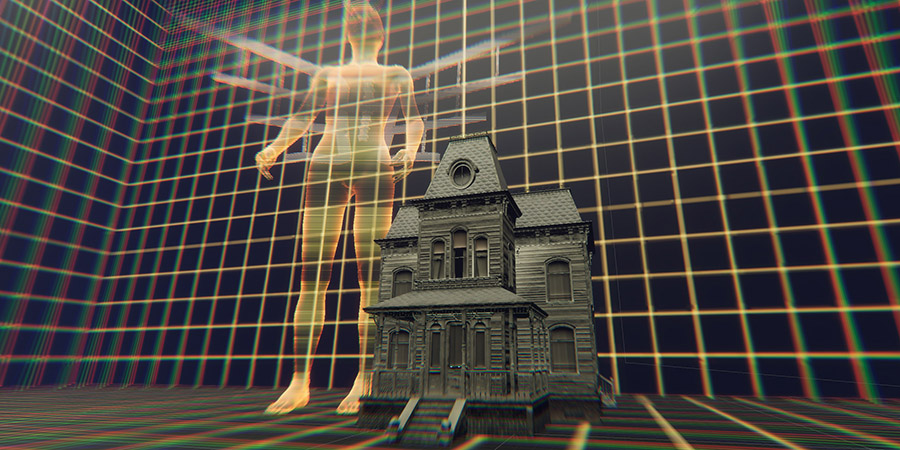 Digitally rendered environment of transparent golden figure next to a small gray house set against a grid background.